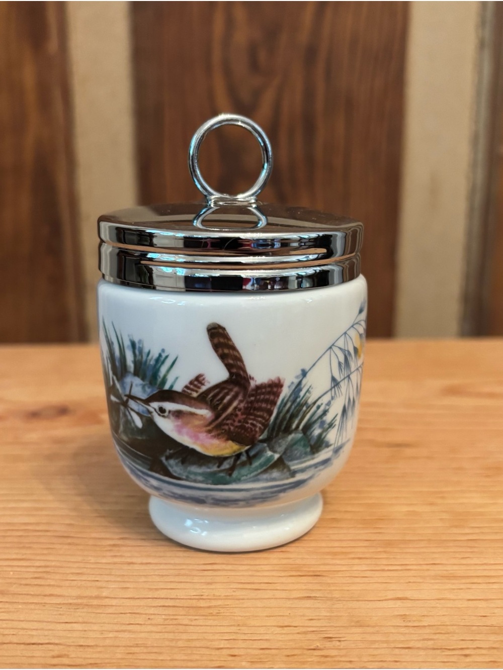 Royal Worcester Porcelain Egg Coddler Cup with Bird Illustration and Silver Lid